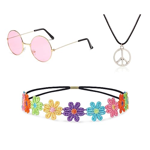 Hippie Kostüm Set,Kostüm Set Runde Brille Im Stil Der 60er,Brille Rosa Runde Hippie,60er Jahre Retro Vintage Brille,Hippie Accessoires,Hippie Schmuck,Hippie Haarband,Retro 60er Jahre,70s Accessoires von Comioke