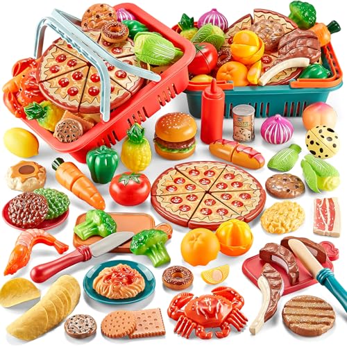 Comirth Spielen Lebensmittel-Sets für Kinder Küche-80PC Pretend Lebensmittel mit 2 Kinder Picknick-Korb, Spielzeug Lebensmittel mit Pizza Spielzeug, Klettverschluss Lebensmittel Schneiden Spielzeug von Comirth