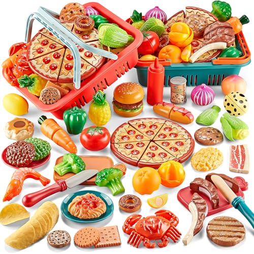 Comirth Spielen Sie Lebensmittel-Sets für Kinder Küche-80PC Pretend Lebensmittel mit 2 Kinder Picknick-Korb, Spielzeug Lebensmittel mit Pizza Spielzeug, Kunststoff Lebensmittel Schneiden Spielzeug von Comirth