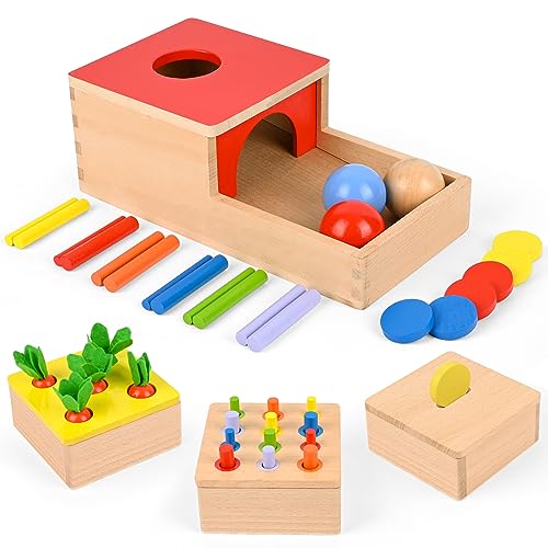 Holzspielzeug, Comius Sharp 4 in 1 Montessori Spielzeug, Motor Skills Spielzeug für Jungen und Mädchen, Thema für Object Permanence Box, Münzbox, Karottenernte, Colour Matching Sticks, Ball Drop von Comius Sharp