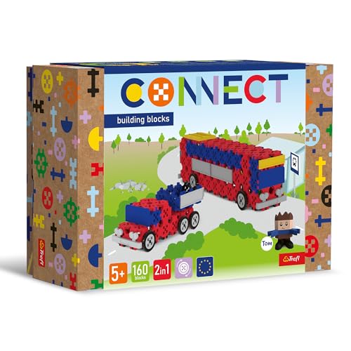 Connect 61973 Set 2in1, Bus/Auto mit Auflieger-160 Elemente: 155 Figur 5 Bausteine, Kreatives Spielzeug für Erwachsene und Kinder ab 5 Jahren, Mehrfabrig von Connect