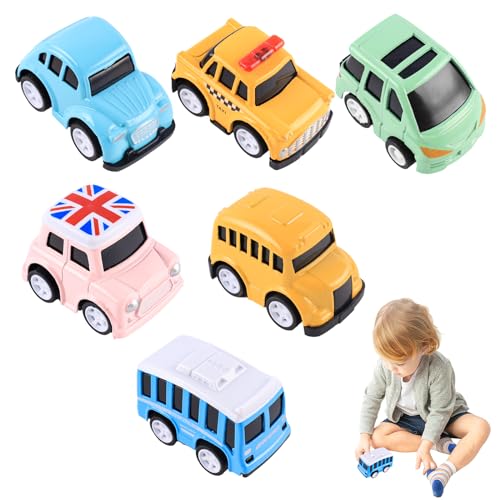 Connextion 6 Stück Zurückziehen Spielzeugautos Set, Reibung Angetrieben Spielauto Pull Back Kleine Autos, Mini Aufziehauto für Jungen Mädchen Kinder von Connextion