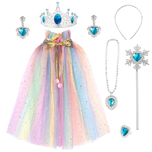 Kinder Prinzessin Umhang, 7-Teiliges Mädchen Prinzessin Kostüm Zubehör mit Krone, Zauberstab, Halskette, Ring, Ohrring, Hair Bands, Prinzessin Mantel für Partys, Rollenspiele, Halloween, Karneval von Connextion