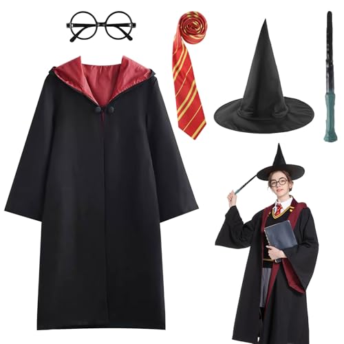 Magier Robe, Kostüm Erwachsene, Cosplay Kostüm mit Umhang, Magic Wand, Brillengestell, Zauberhut, Krawatte, Halloween Zauberer Kostüme für Erwachsene, Cosplay Karneval Verkleidung Party (Rot, L) von Connextion