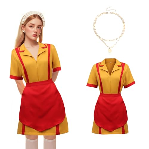 2 Broke Girls Kostüm, Karneval Kleid Caroline und Max Kostüm Faschingskostüme Damen Kellnerin Kostüm mit Schürze Halsketten für Frauen Karneval Fasching Cosplay Motto-Party (XL) von Conponous