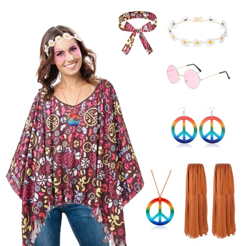 Conponous 7 Stück Hippie Kostüm Damen, Karneval Kostüm Damen, 60er 70er Jahre Kostüm Damen mit Hippie Poncho Halskette Ohrringe Stirnband Sonnenbrillen, Faschingskostüme Damen für Karneval Party von Conponous