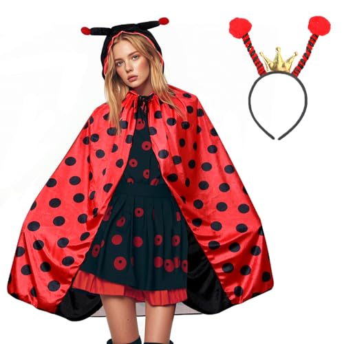 Conponous Marienkäfer Kostüm Damen, Ladybug Kostüm Umhang mit Marienkäfer Haarreif Karneval Kostüm Damen Marienkäfer Cape mit Kapuze für Erwachsenen Karneval Fasching Cosplay Mottoparty von Conponous