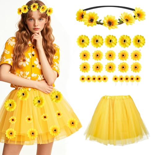 Conponous Sonnenblumen Kostüm Damen, Karneval Kostüm Damen Tüllrock Gelb + 1 Sonnenblumen Stirnband + 25 Sonnenblumen Haarschmuck Faschingskostüme Damen für Karneval Fasching Cosplay Mottoparty von Conponous