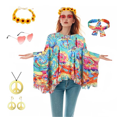 6 Stück Hippie Kostüm Damen, 60er 70er Jahre Kostüm Damen, Hippie Accessoires mit Poncho Stirnband Sonnenbrille Frieden Zeichen Ohrringe Friedenszeichen Halskette für Party Karnevalskostüme Damen von Conponous