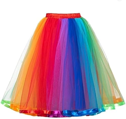 Conponous Regenbogen Kostüm Damen, 50er Faschingskostüme Damen Elastischer Taillen Bunter Tüllrock Damen mit Feder Regenbogen Haarreif für Karneval Kostüm Fasching Halloween Mottoparty von Conponous