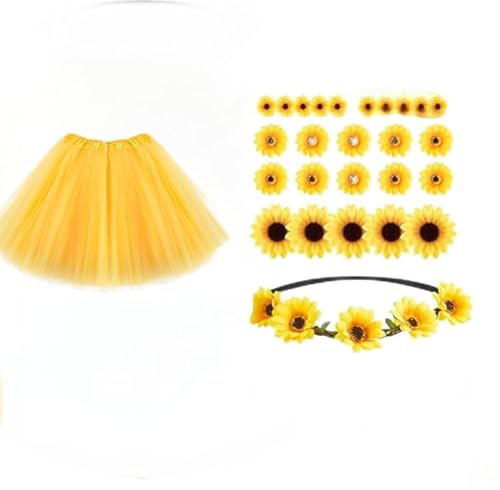 Conponous Sonnenblumen Kostüm Damen, Karneval Kostüm Damen Tüllrock Gelb + 1 Sonnenblumen Stirnband + 25 Sonnenblumen Haarschmuck Faschingskostüme Damen für Karneval Fasching Cosplay Mottoparty von Conponous