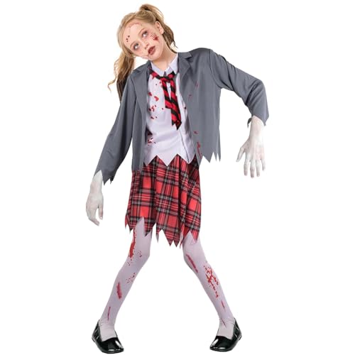 Zombie Schulmädchen Kostüm, Blutiges Zombie Kostüm Kinder Gruselig Halloween Kostüm Schulmädchen für Mädchen Damen Halloween Karneval Fasching Themen Cosplay Partys (L) von Conponous