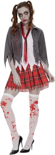 Zombie Schulmädchen Kostüm, Blutiges Zombie Kostüm Kinder Gruselig Halloween Kostüm Schulmädchen für Mädchen Damen Halloween Karneval Fasching Themen Cosplay Partys (XL) von Conponous