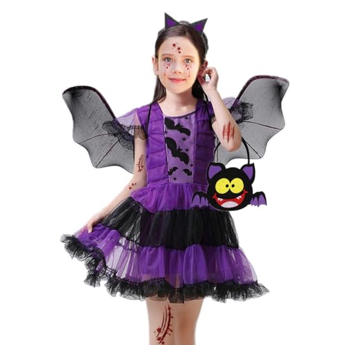 Conponous Fledermaus Kostüm Mädchen, Halloween Kostüm Kinder Fledermaus Lila Tutu Kleid mit Fledermaus Flügel Kopfschmuck Handtasche für Halloween Karneval Cosplay Fasching Thema Party (L) von Conponous