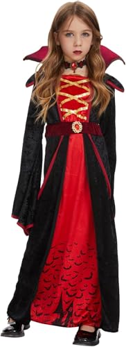 Conponous Spielzeug Kostüme Kostüme für Kinder Vampir Kostüm Mädchen, Vampire Kleid mit Halskette (L) von Conponous