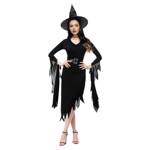 Halloween Kostüm Damen, Hexenkostüm Damen mit Hexenhut und Gürtel, Hexen Kleid Erwachsene Frauen für Halloween Fasching Karneval Cosplay Party (L) von Conponous