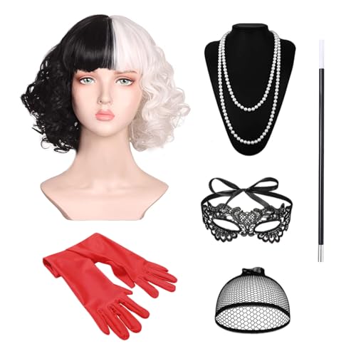 Cruella Devil Kostüm Damen, 20er jahre Accessoires Damen mit Kurz Schwarze und Weiße Cruella Perücke mit Pony mit Spitze Maske, Rote Handschuhen, Langer Halter, Perlenketten für Karneval Kostüm Damen von Conponous