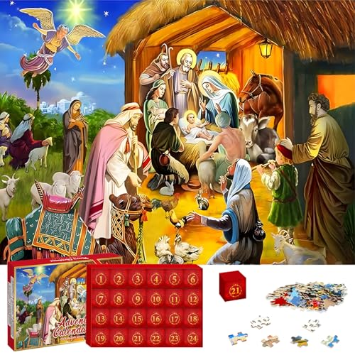 Puzzle Adventskalender 2024,Weihnachten Puzzle 1008 Teile 24-Tage-Countdown Spielzeug Weihnachtskrippe Adventskalender 2024 Frauen Männer Puzzle Erwachsene und Kinder Weihnachtsgeschenke(Jesus Geburt) von Conponous