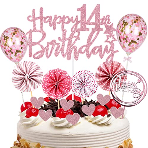 Conruich 14. Geburtstag Tortendeko Set Happy 14th Birthday Kuchen Topper Rose Gold Cupcake Topper mit Papierfächer und Konfetti Luftballons Glitzer Cake Topper für 14. Geburtstag Party Dekoration von Conruich