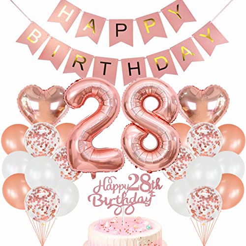 Conruich Geburtstagsdeko 28 Jahre Frau, Luftballon 28. Geburtstag Deko Set, Rosegold Tortendeko Geburtstag 28 Jahre Frauen, Ballon 28 Geburtstag Frau, Happy Birthday Banner Deko 28 Geburtstag Frau von Conruich