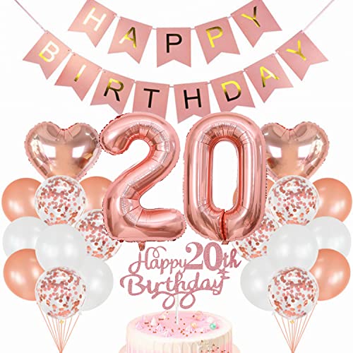 Conruich Rosegold Geburtstagsdeko 20 Jahre Frau, Happy Birthday Banner, Herz & Zahl Folienballons, Konfetti Ballons, Tortendeko Conruich Rosegold Geburtstagsdeko 20 Jahre Frau, Happy Birthday Banner, Herz & Zahl Folienballons, Konfetti Ballons, Tortendeko von Conruich
