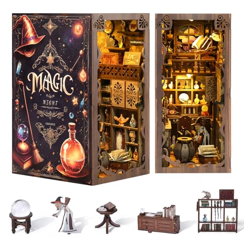 Book Nook Kit DIY Magische Welt, DIY Puppenhäuser Miniatur Haus Kit mit LED Licht, 3D Holzpuzzle Buchstützen Geschenk Home Decor für Jugendliche und Erwachsene ab 14 Jahren- Magic Midnight von Contraxump