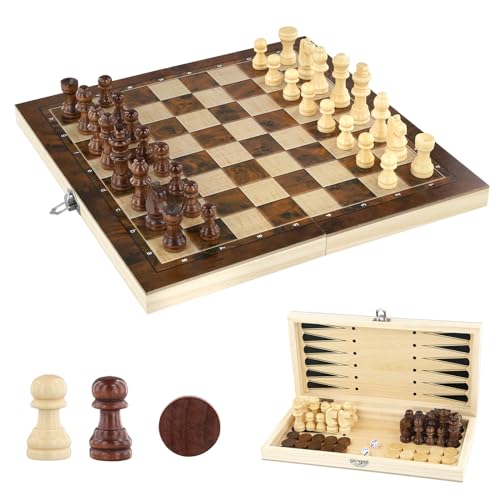 Schachspiel aus Holz, Schachbrett aus Holz, 3-in-1, Schach-Dame Backgammon-Set, tragbar und faltbar, für Familienaktivitäten, Partys, Erwachsene, Kinder, 29 x 29 cm von Contraxump