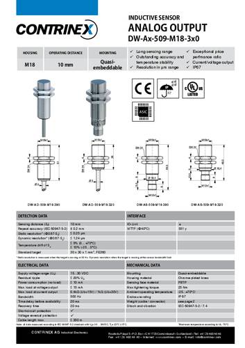 Contrinex Induktiver Sensor M18 quasi bündig Analog DW-AD-509-M18-325 von Contrinex