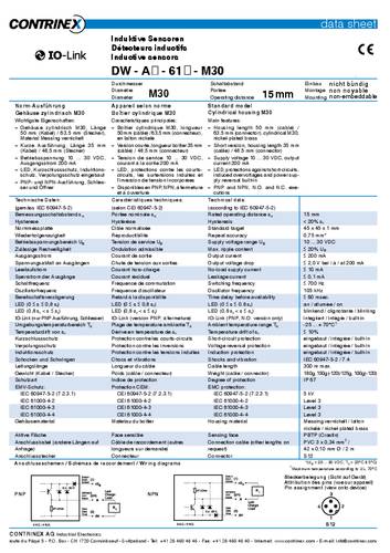 Contrinex Induktiver Sensor M30 nicht bündig PNP DW-AD-613-M30-295 von Contrinex