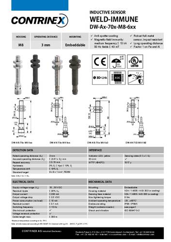 Contrinex Induktiver Sensor M8 bündig NPN DW-AV-701-M8-692 von Contrinex