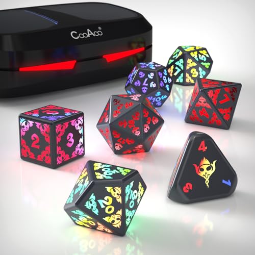 CooAoo Beleuchtetes DND-Würfel-Set, kabellos, wiederaufladbar, leuchtende Würfel mit Ladebox, 7-teiliges elektronisches Würfel-Set, LED-RGB-Würfel, polyedrisches Rollenspiel, D&D-Würfel für Dungeons von CooAoo