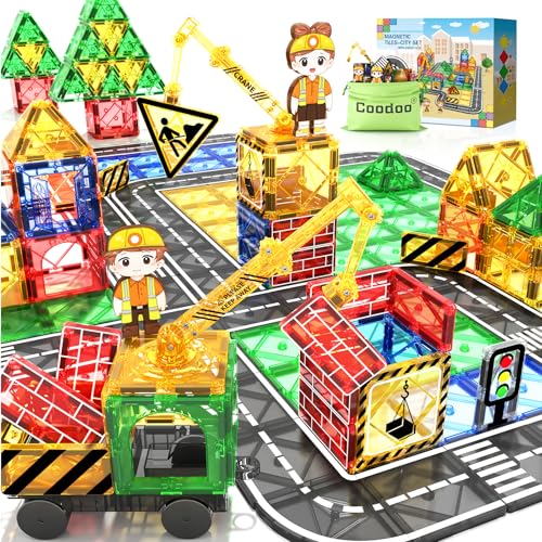 Kids Games Magnetic Tiles Road Set with Extendable Magnetic Crane, City Construction Building Toys for Toddlers STEM Preschool Toys Ages 4-6 5-7, Gifts for 3+ Year Old Boys Girls Kids Toys with Car von Coodoo