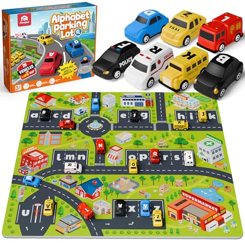 Coogam Alphabet Labyrinth, 26pcs Pull Back Auto mit Spielmatte Vorschule Brief Matching Spiel für 3 4 5 Jahre alt, pädagogische Feinmotor Geschenk Spielzeug für Kleinkind Kinder von Coogam