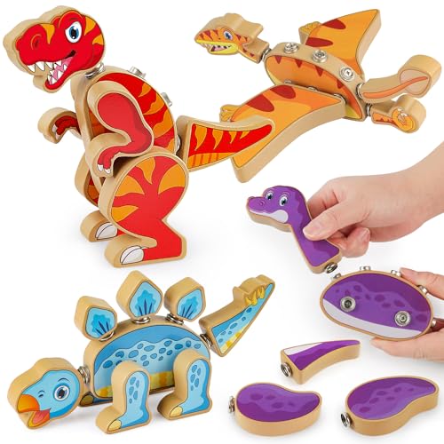 Coogam Dinosaur Snap Together Bauspielzeug, Holz Demontage Dinosaurier-Spielzeug, Trocken Montessori Bildung Feinmotor Skills Spielzeug Geschenk für Kinder 3 4 5 Jahre alt von Coogam