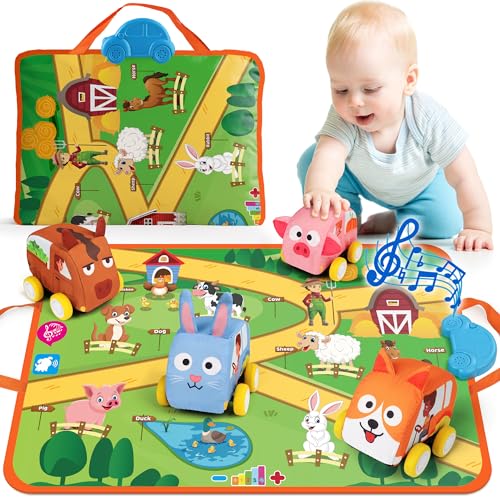 Coogam Farm Tierspielzeug, geeignet für EIN 1-jähriges Kind, EIN Soft-Relay-Fahrzeug-Set, Teppich mit Stimme-Spiele, Baby-Fine-Motor-Fähigkeiten Spiele Begleitspiele Montessori Lerngeschenke von Coogam