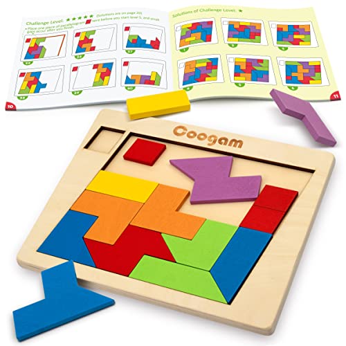 Coogam Holz-Puzzle-Blöcke, geometrisches Tangram-Gehirn-Teasers, Puzzle, 3D-Logik-IQ-Spiel, buntes Formmuster, Montessori-STEM von Coogam