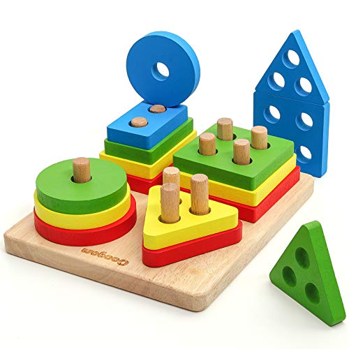 Coogam Holz Sortieren & Stapeln Spielzeug, Form Farberkennung Geometrische Blöcke Passende Puzzle mit Schnürschnur, Pädagogische Vorschule Lernen Brettspiel Geschenk für Kleinkinder Alter 1 2 3 von Coogam