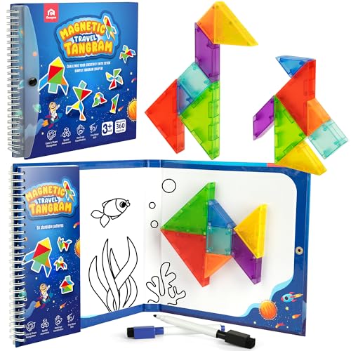 Coogam Magnetic Travel Tangram Puzzle, Road Trip Tango Puzzle Muster Blöcke Form Puzzle Bücher mit 360-Herausforderungen, pädagogisches Spielzeug Geschenk für Kinder Erwachsene von Coogam