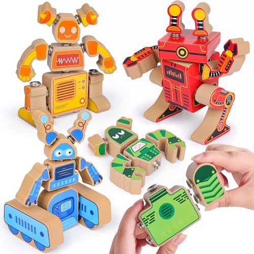 Coogam hölzerner Roboter-Baustein-Satz, Snap zusammen Roboter-Builder, STEM nehmen auseinander Roboter-Spielset, Feinmotorik Geschicklichkeit pädagogisches Lernspielzeug Geschenk für 3 4 5 Jahre alte von Coogam