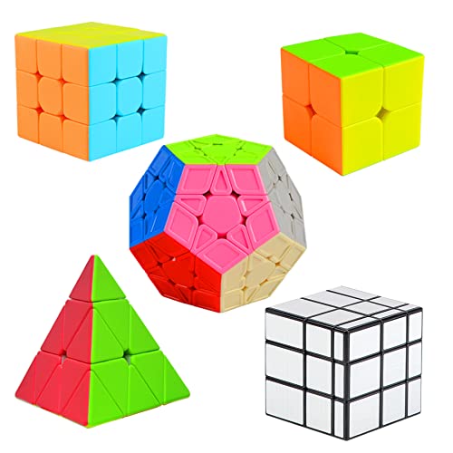 Cooja Zauberwürfel Set 2x2 + 3x3 + Pyraminx + Megaminx + Mirror Cube, 5 Stück Speed Cube Magischer Würfel Speedcube, Schnelles Glattdrehen Robust Spielzeug Geschenk für Jungen Mädchen von Cooja