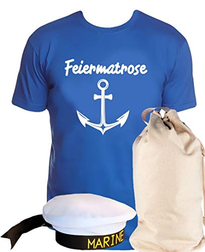 Coole-Fun-T-Shirts Matrosen Kostüm Set Feiermatrose T-Shirt + Matrosenmütze + Sack blau Gr.3XL von Coole-Fun-T-Shirts