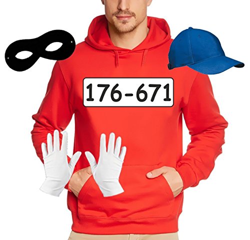 Coole-Fun-T-Shirts Set Gangster Bande KOSTÜM - Fasching - Karneval - Sweatshirt mit Kapuze, MÜTZE, Maske + Handschuhe - rot Gr.3XL von Coole-Fun-T-Shirts