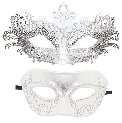 Coolwife Maskenmaske für Paare, Metall, venezianisch, Karneval, Party, Abend, Abschlussball, Kostüm, Maske (C Weiß Silber) von Coolwife