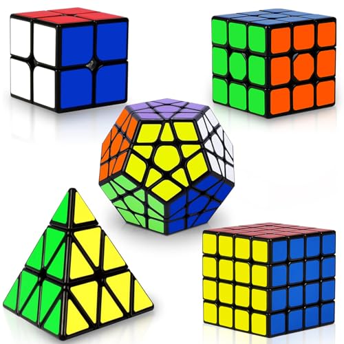 Coolzon Zauberwürfel 5 Stück Speed Cube Set Pyraminx + Megaminx + 2x2 + 3x3 + 4x4 Magic Puzzle Cube Würfel mit PVC Aufkleber Zauberwürfel für Kinder Erwachsene von Coolzon