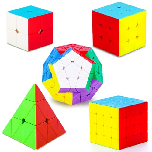 Coolzon Zauberwürfel 5 Stück Speed Cube Set Pyraminx + Megaminx + 2x2 + 3x3 + 4x4 Magic Puzzle Cube Würfel ohne Aufkleber Zauberwürfel für Kinder Erwachsene von Coolzon