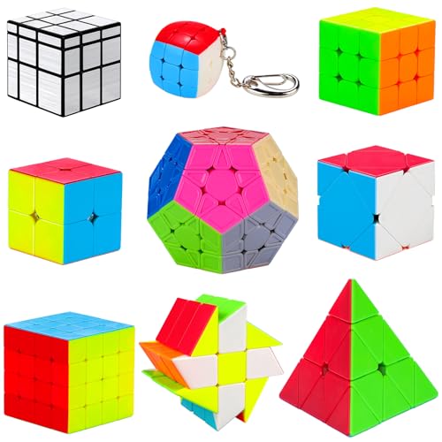 Coolzon Zauberwürfel Speed Magic Cube Set, Puzzle Cube Set 2x2 3x3 4x4 Pyraminx Megaminx Mirror Skewb Fisher Zauberwürfel Klein mit magisches Puzzle Würfelspielzeug für Kinder Erwachsene, 9 Stück von Coolzon