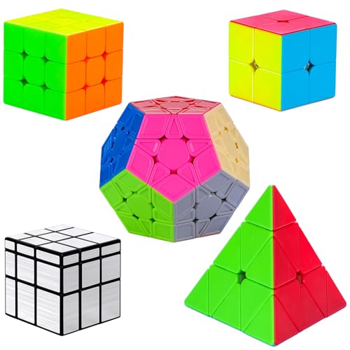 Coolzon Zauberwürfel Speedcube Set, Pyraminx Pyramide Megaminx Würfel 2x2 3x3 Mirror Würfel, Magisches Puzzle Würfelspielzeug für Kinder Kinder Erwachsene, 5 Stück von Coolzon