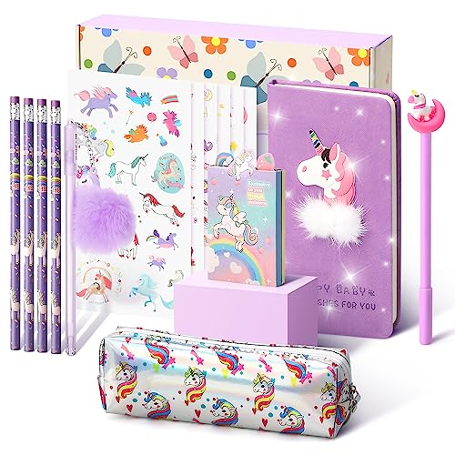 Cooyou Einhorn Geschenke für Mädchen 6 7 8 9 10 11 12 Jahre, einschulungsgeschenke für mädchen, Einhorn schreibwaren Set Inklusive Einhorn Stifte, Notizbuch und Aufkleber, Lila von Cooyou