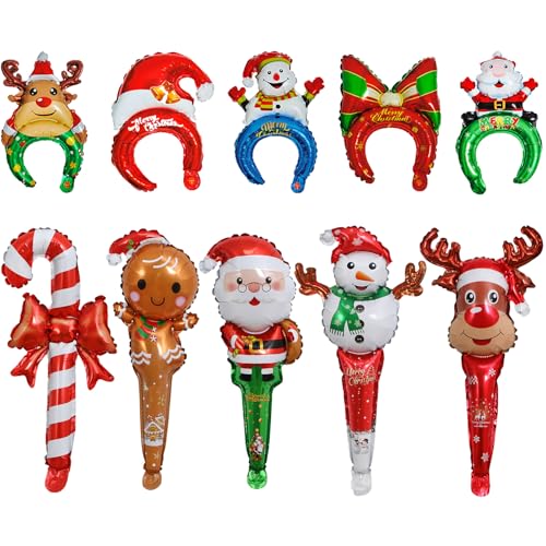 10PCS Weihnachten Kopfbedeckung Ballons Weihnachten aufblasbare Sticks Weihnachts-Folienballon Aufblasbare Weihnachts-Stirnbänder Weihnachtsmann Schneemann Elch Weihnachten Luftballons Stick von Copbopwn