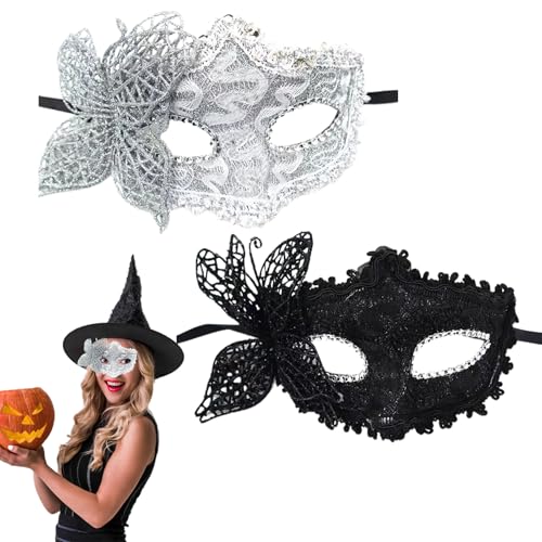 2 Stück Maskerade Maske für Frauen Männer, Pärchen Maskerade Masken Schmetterling Halloween Maske Fancy Dress Masken Brillen Schwarz Silber Maskerade Maske Venezianische Halloween Kostüm Maske von Copbopwn